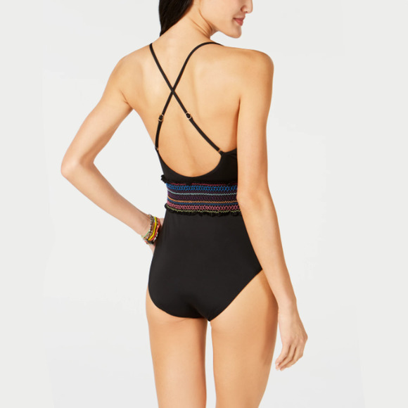 Bar III Women Black Stitching Smocked Plunging One-Piece Bikini Swimsuit Size S - Picture 2 of 2